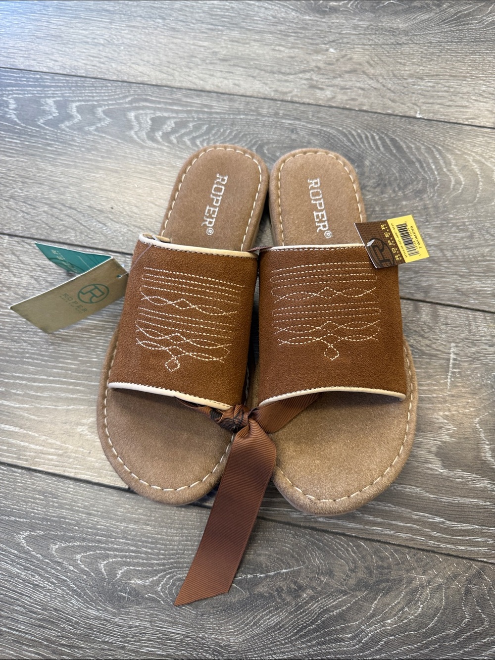 Roper Tan Slide Sandals with Black Heel Caps